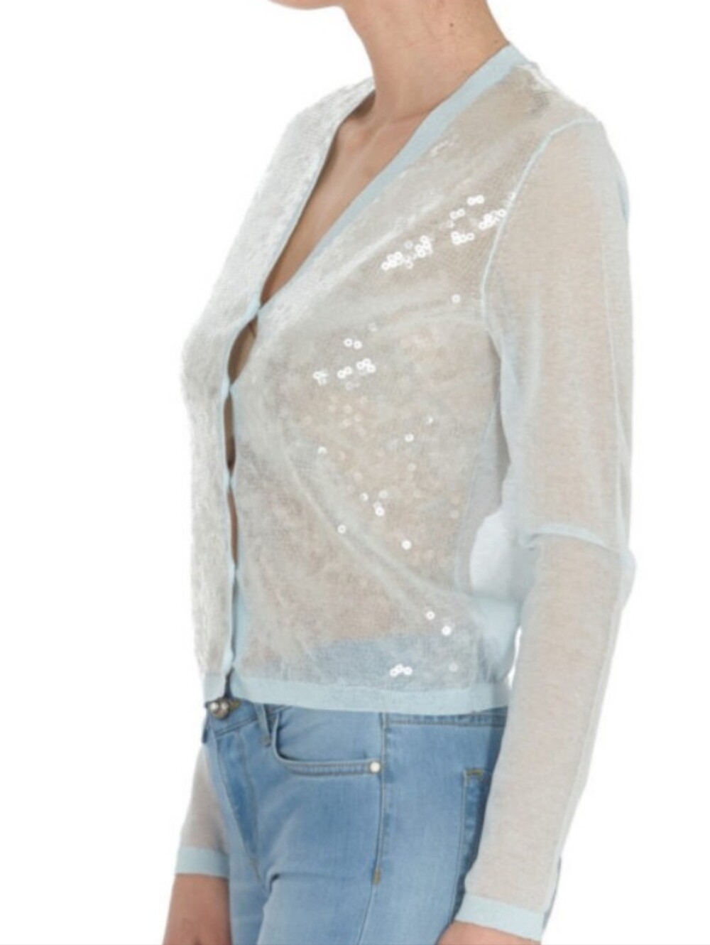 Tory Burch Light Blue Sheer Sequin V-Neck Cardigan